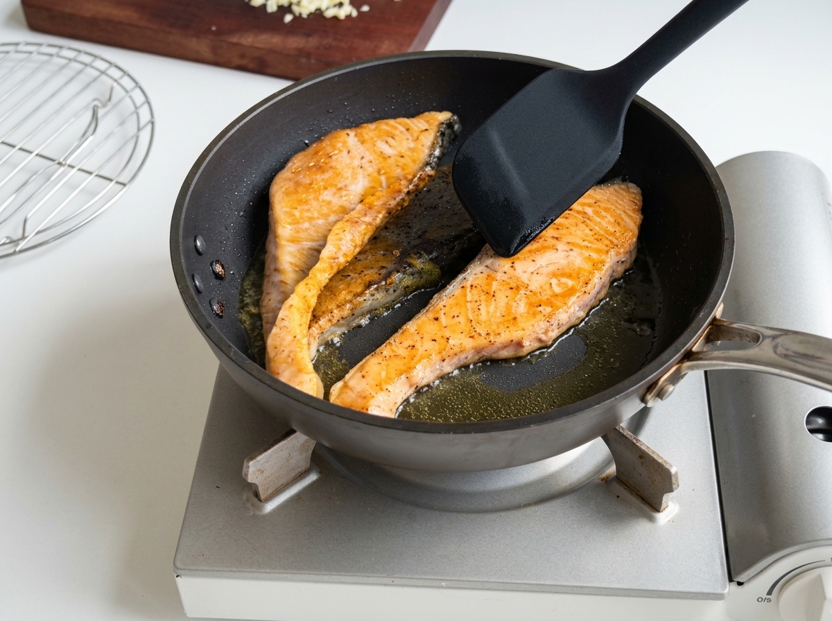 Filetti di salmone in cottura in padella, con una doratura perfetta e la pelle croccante.