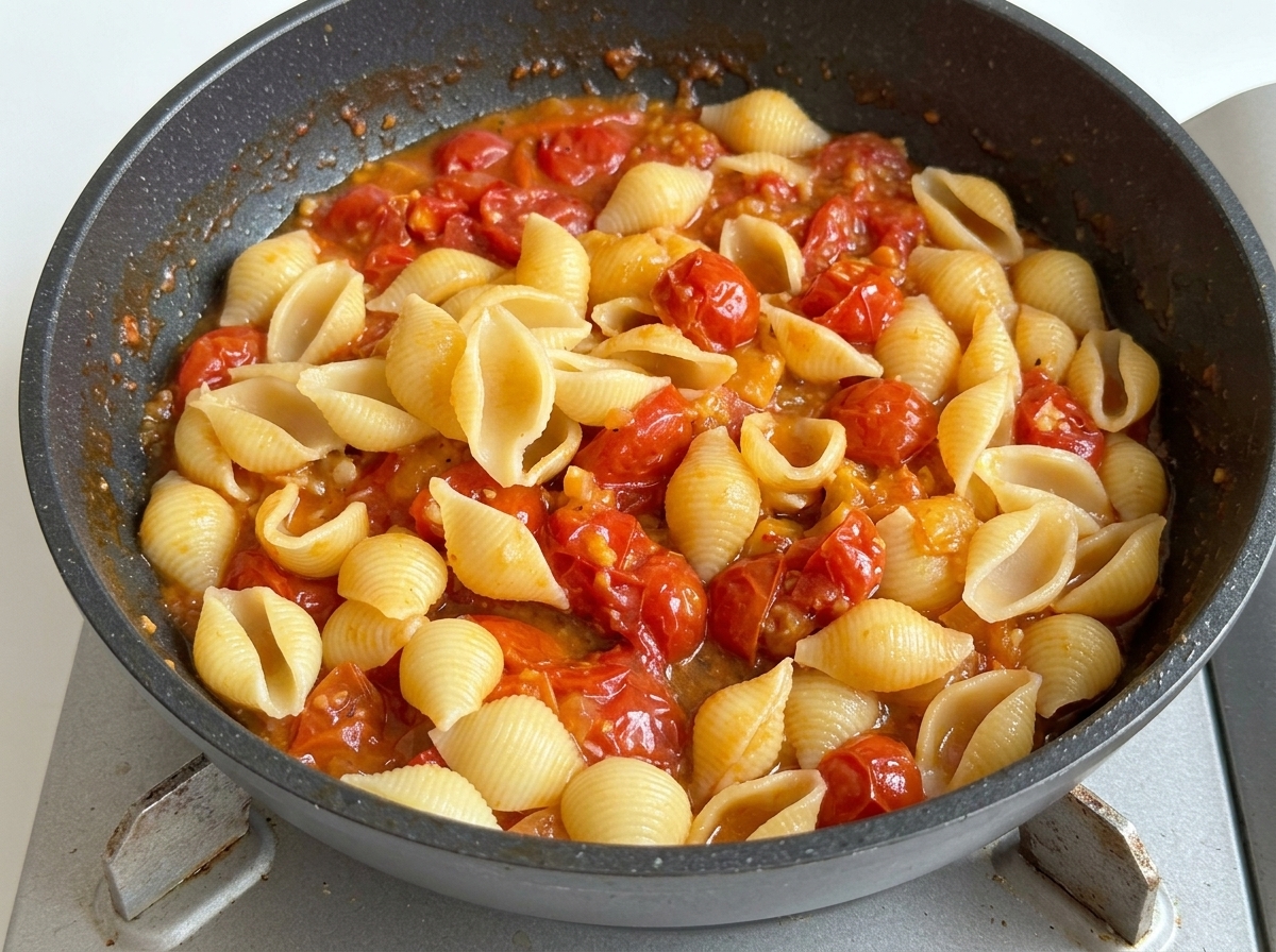 Conchiglie cotte mescolate in una padella antiaderente con un ricco sugo di pomodorini a pezzettoni.