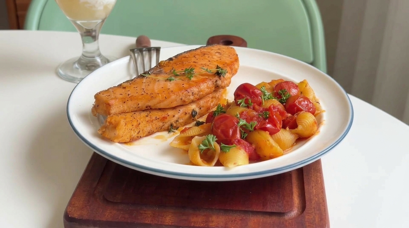 Conchiglie con Salmone Croccante in Padella e Pomodorini