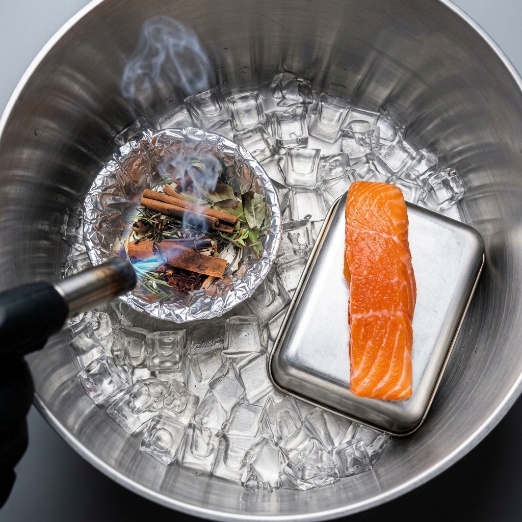 Una mano con un cannello da cucina che brucia una miscela di stecche di cannella e foglie di alloro in una ciotola di alluminio, vicino al salmone sul ghiaccio.