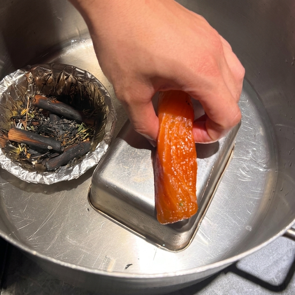 Una mano che solleva con cura un bel pezzo di salmone affumicato a freddo da una grande pentola contenente ghiaccio sciolto e spezie bruciate.