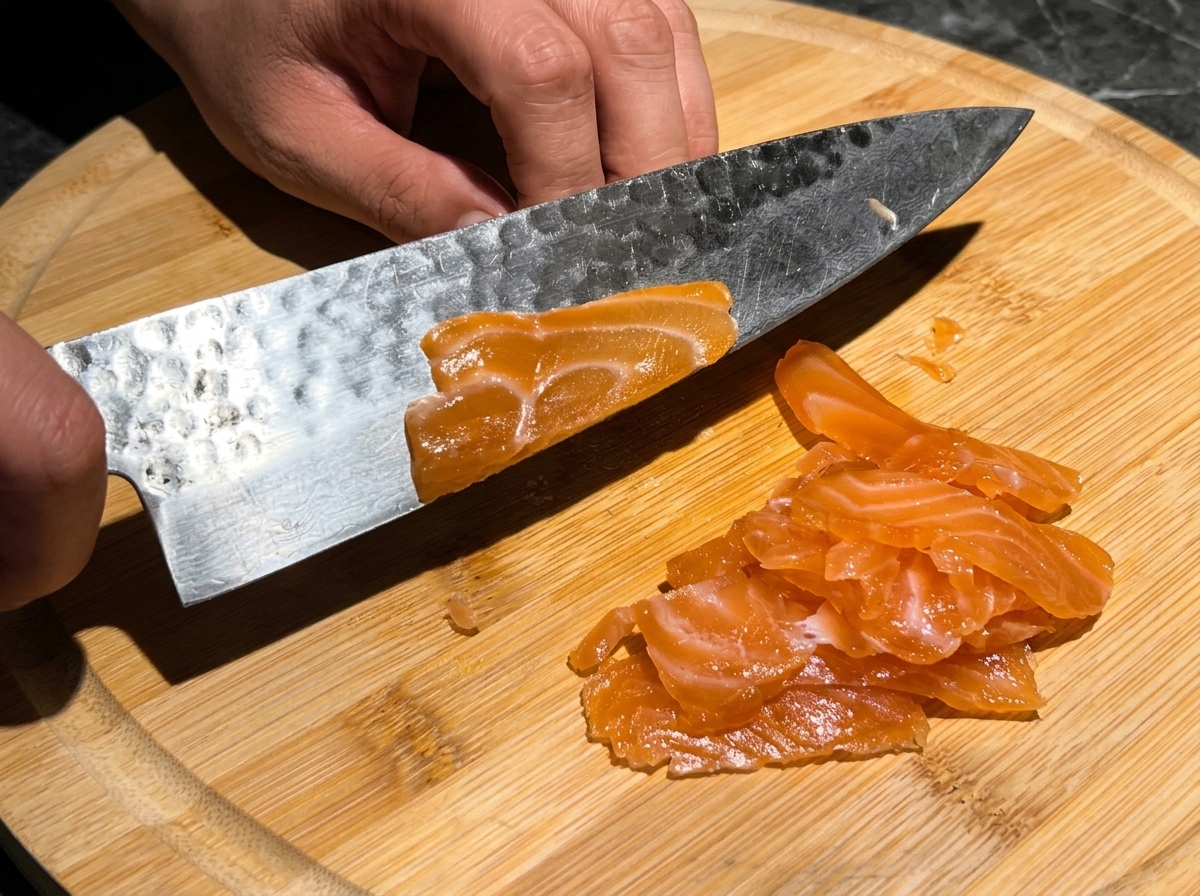 Un coltello affilato che taglia un filetto di salmone affumicato arancione brillante in fette sottili e uniformi su un tagliere di legno.