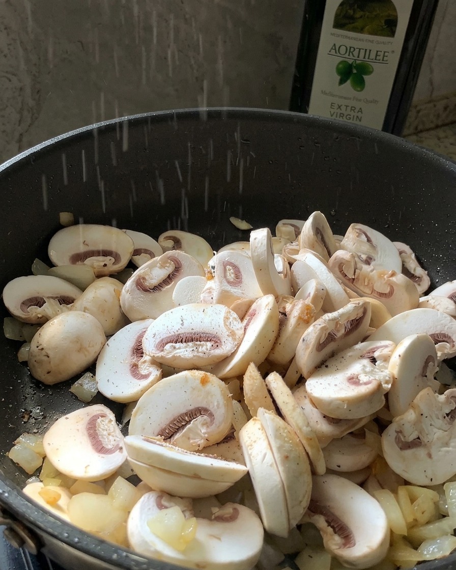 Una manciata di funghi champignon freschi a fette che viene aggiunta a una padella con cipolle soffritte.