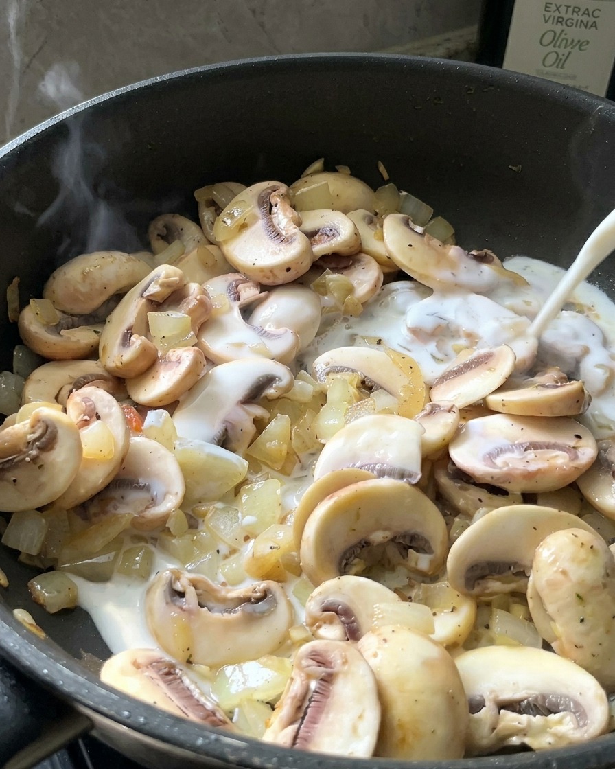 Latte bianco fresco versato dallalto in una padella piena di funghi e cipolle cotti.