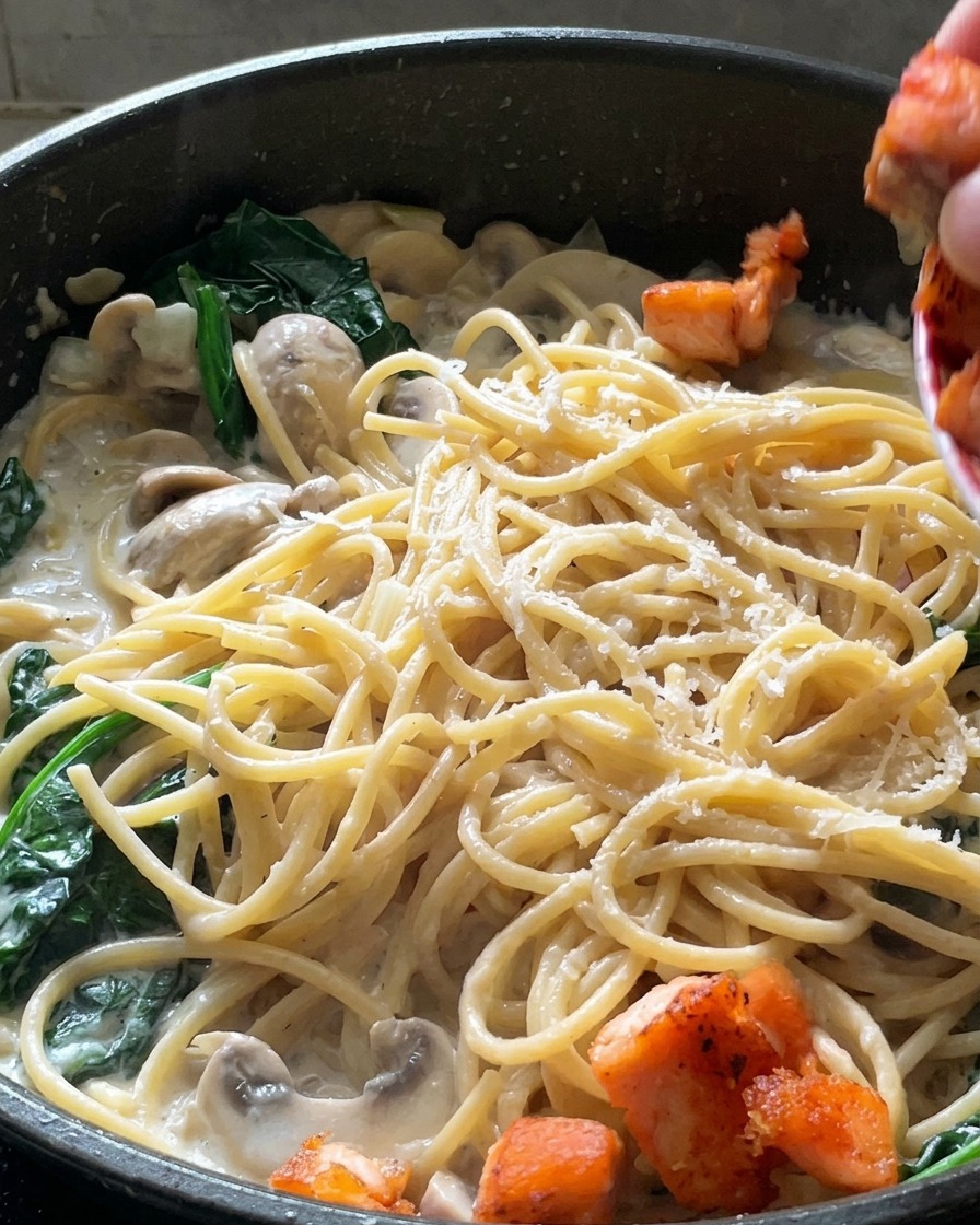Pezzi di salmone dorati e scottati in padella che vengono adagiati sopra la pasta cremosa finita con spinaci.
