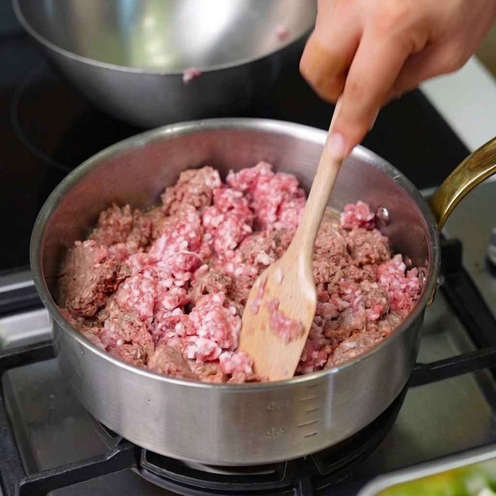 Una spatola di legno che mescola la carne macinata in una pentola dacciaio mentre si colora durante la cottura.