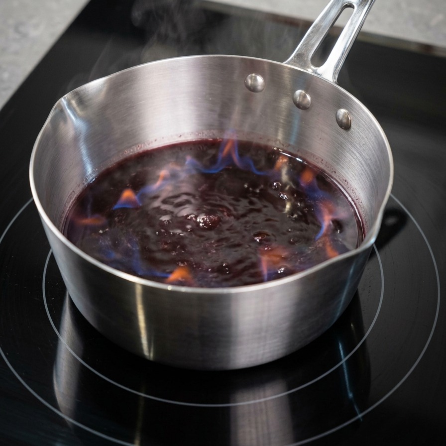 Fiamme bluastre che danzano sulla superficie del vino rosso in un pentolino dacciaio su un piano a induzione.