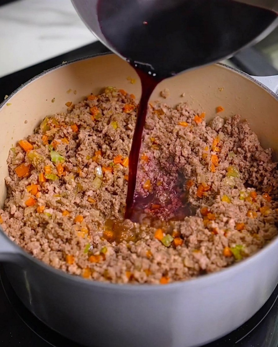 Un flusso di vino rosso scuro versato nella pentola con la carne macinata rosolata e le verdure a cubetti.