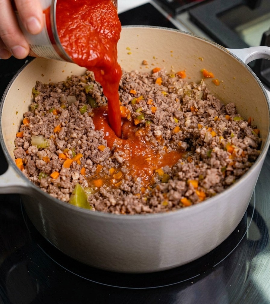 Pomodori pelati interi versati da una lattina di metallo in una grande pentola con la base di carne e verdure.