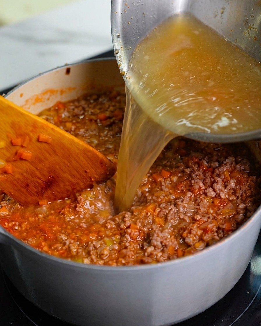 Un liquido dorato contenente i grassi della carne versato da una padella dacciaio direttamente nella pentola principale.