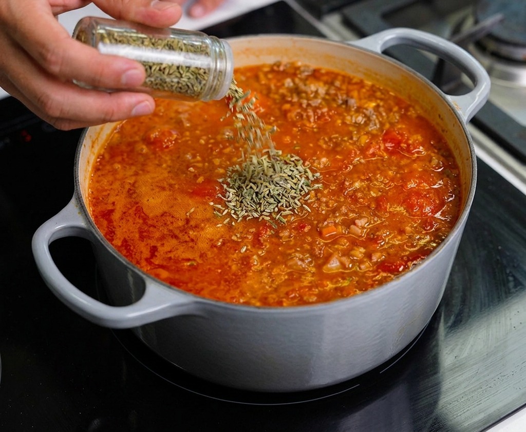 Erbe verdi essiccate spolverate da un piccolo vasetto di vetro in una grande pentola di ragù alla bolognese bollente.