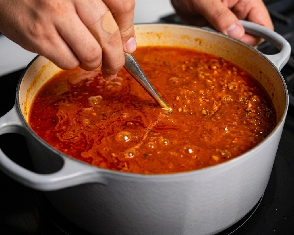 Una mano che mescola un sugo di carne rosso e denso con un cucchiaio dargento per incorporare i condimenti.