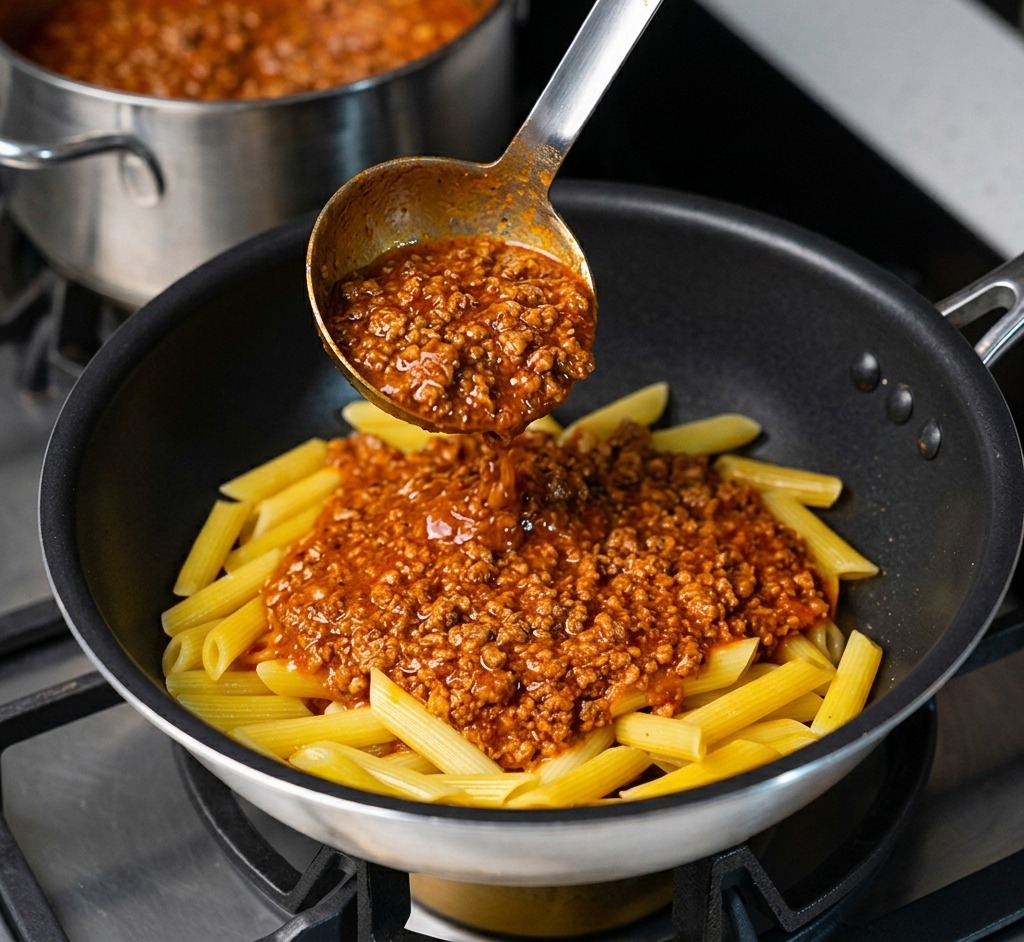 Un mestolo di metallo che versa il denso ragù alla bolognese sulle penne cotte in una padella dacciaio.