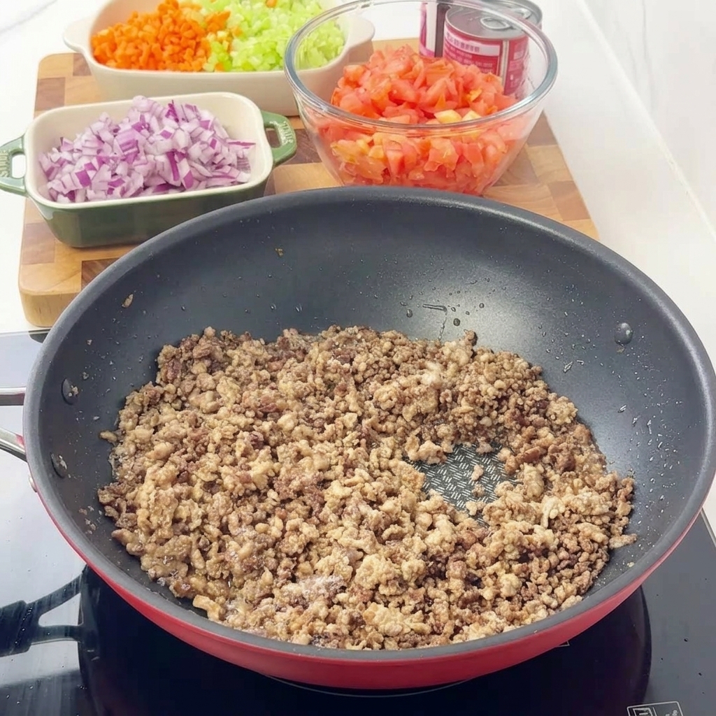 Carne macinata ben rosolata e sgranata in una padella rossa, con ciotole di verdure tritate sullo sfondo.