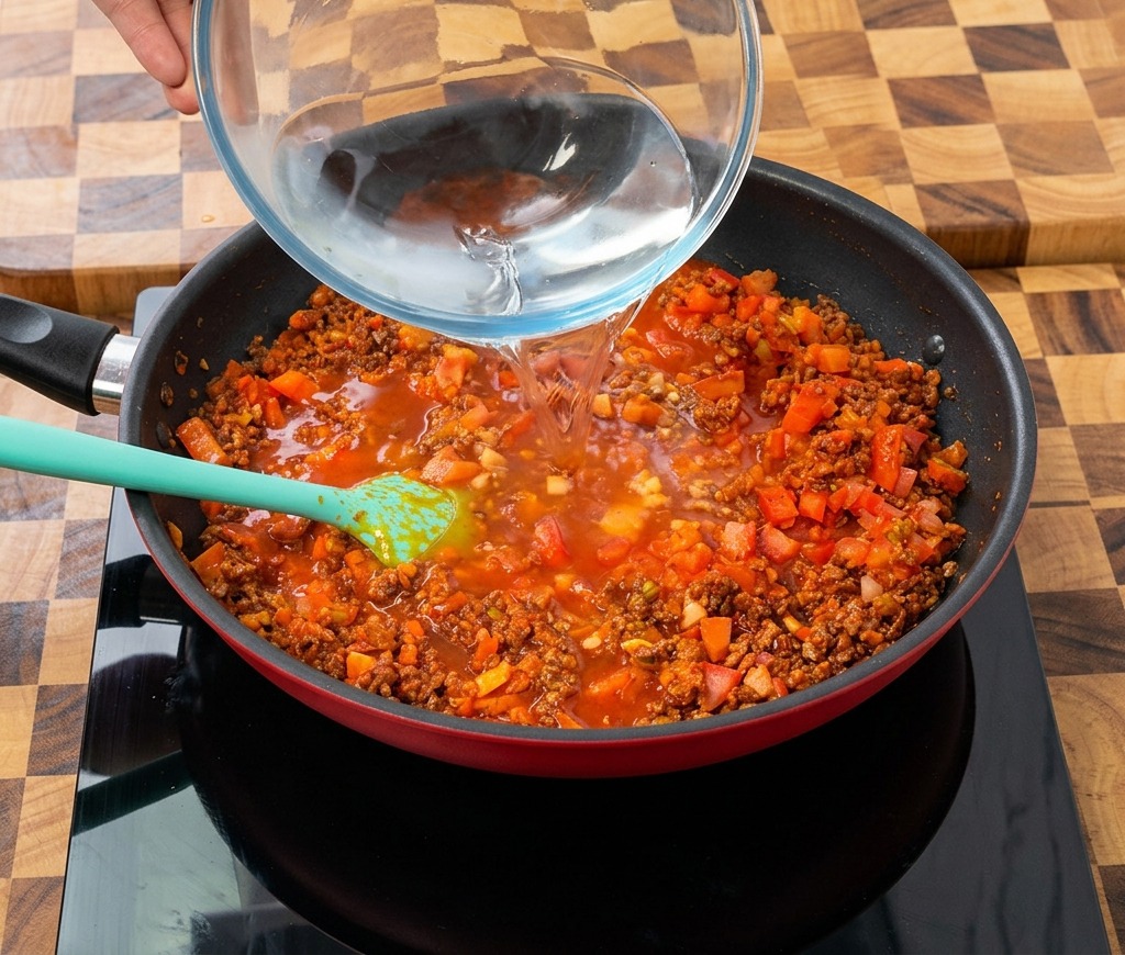Acqua limpida versata da una ciotola di vetro in unampia padella con la base di carne e pomodoro.