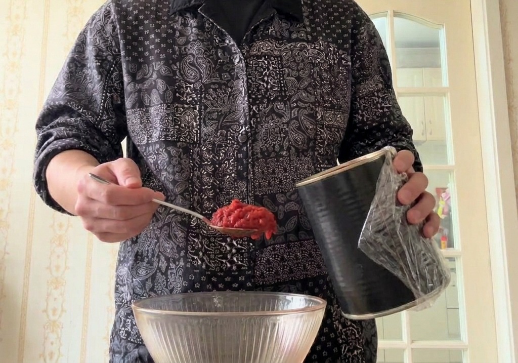 Una mano che usa un cucchiaio per prelevare i pomodori pelati interi da una lattina e trasferirli in una ciotola di vetro trasparente.