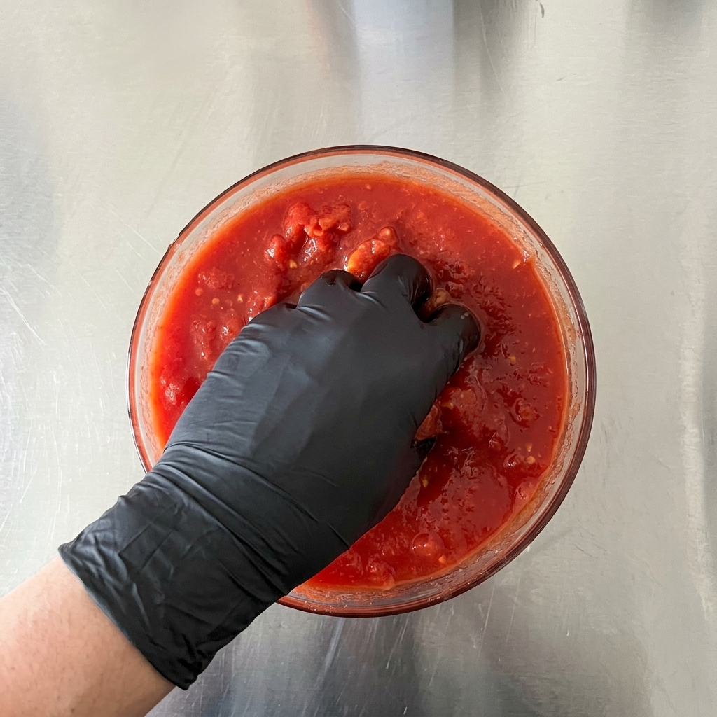 Una mano con un guanto nero immersa in una ciotola di vetro mentre schiaccia pomodori rossi interi ricavando una polpa rustica.