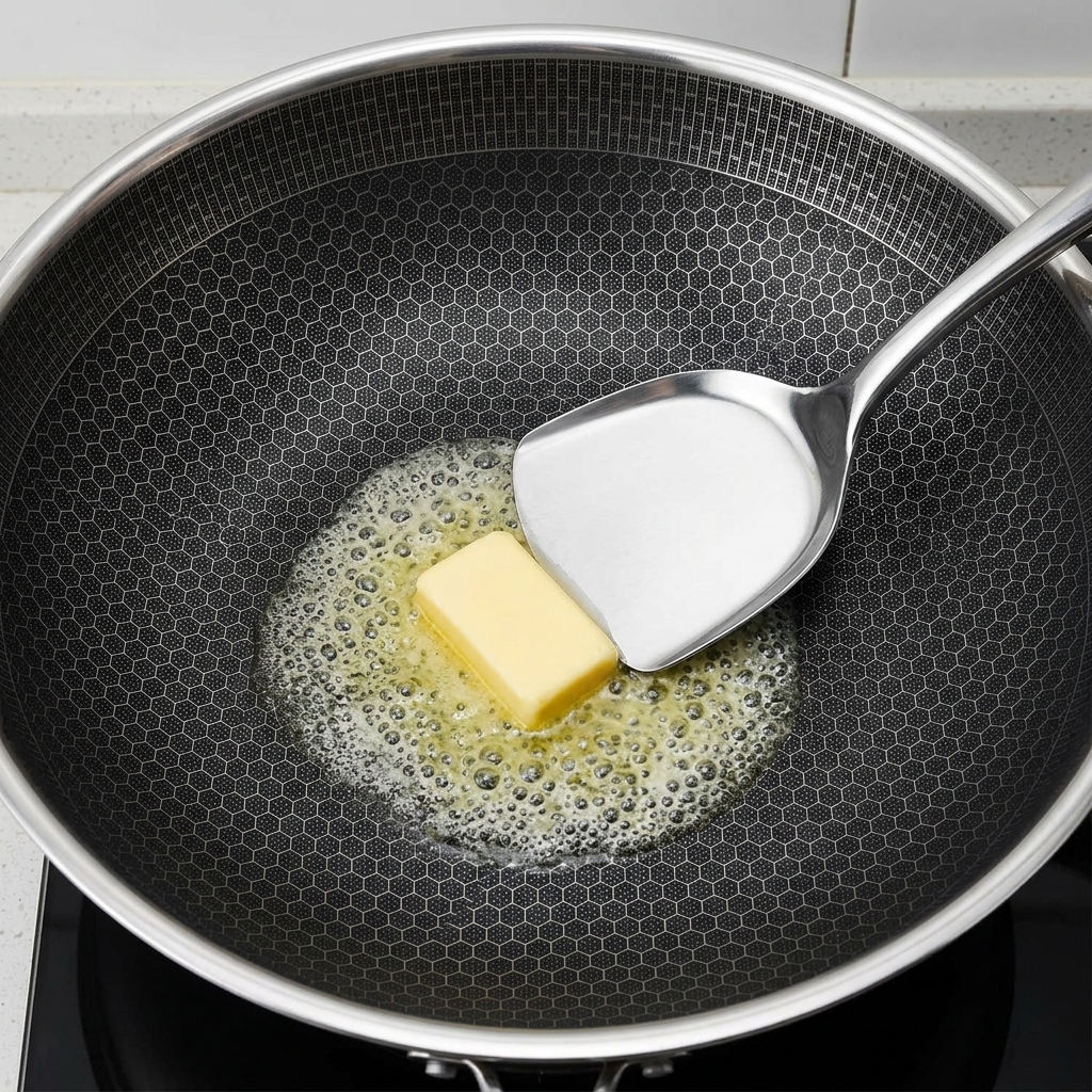 Una spatola di metallo che muove un pezzo di burro mentre si scioglie e sfrigola in una padella calda.