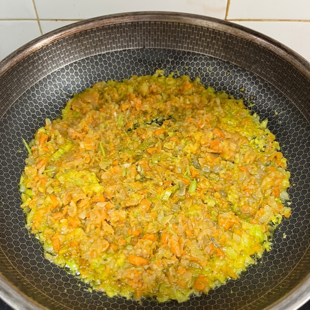 Trito fine di carote, sedano e cipolle che soffrigge in padella con il burro fuso.