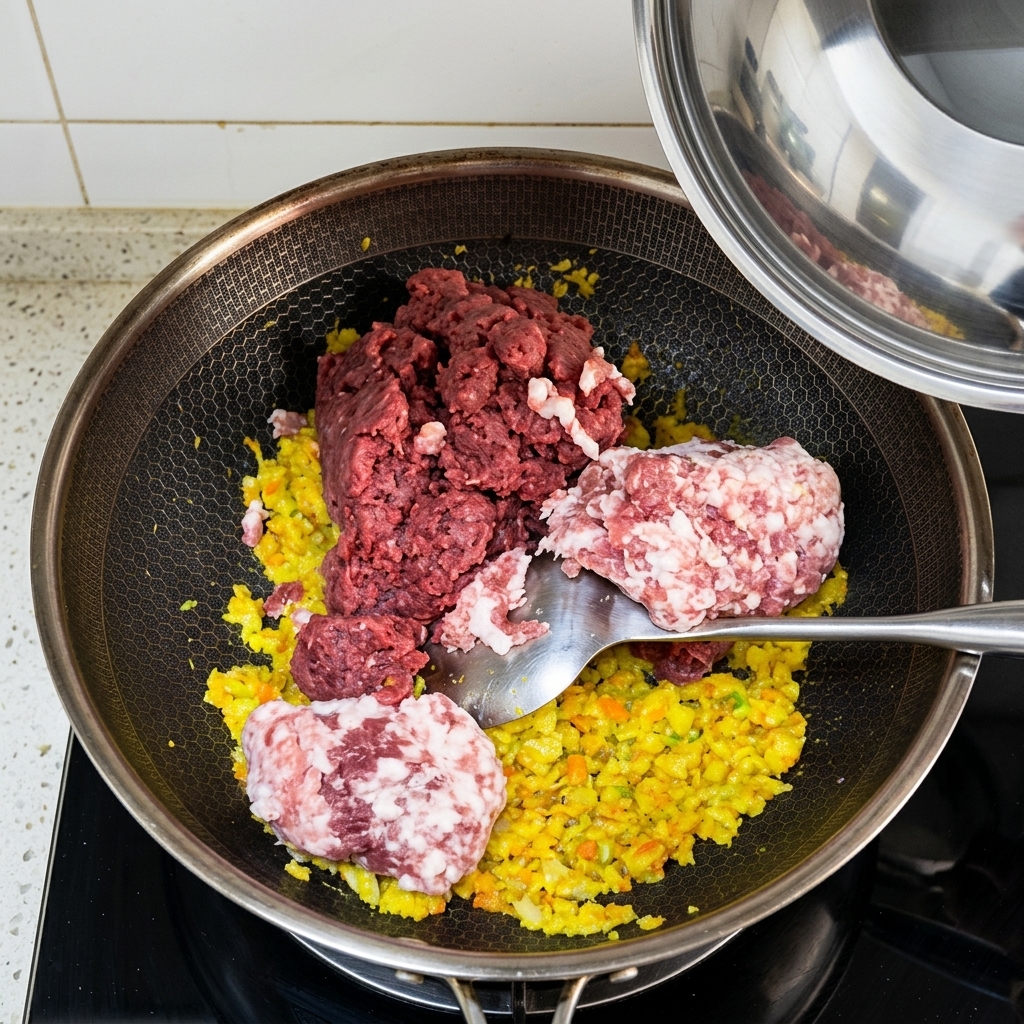 Carne macinata cruda di manzo e maiale aggiunta nella padella con le verdure soffritte.