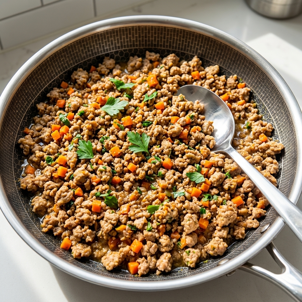 Carne macinata completamente rosolata e mescolata con le verdure tritate in una padella.
