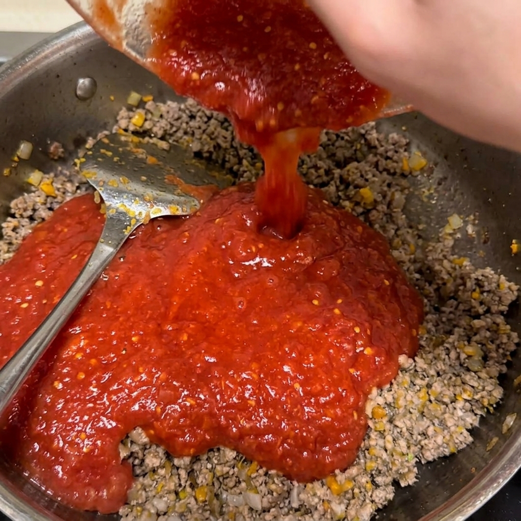 Pomodori schiacciati versati da una ciotola nella padella con il ragù di carne.