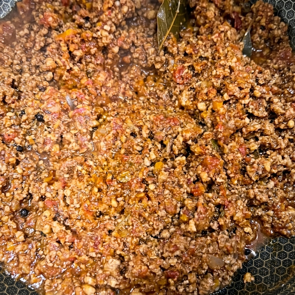 Primo piano di un ragù alla bolognese denso e ristretto in padella con granelli di pepe nero visibili.