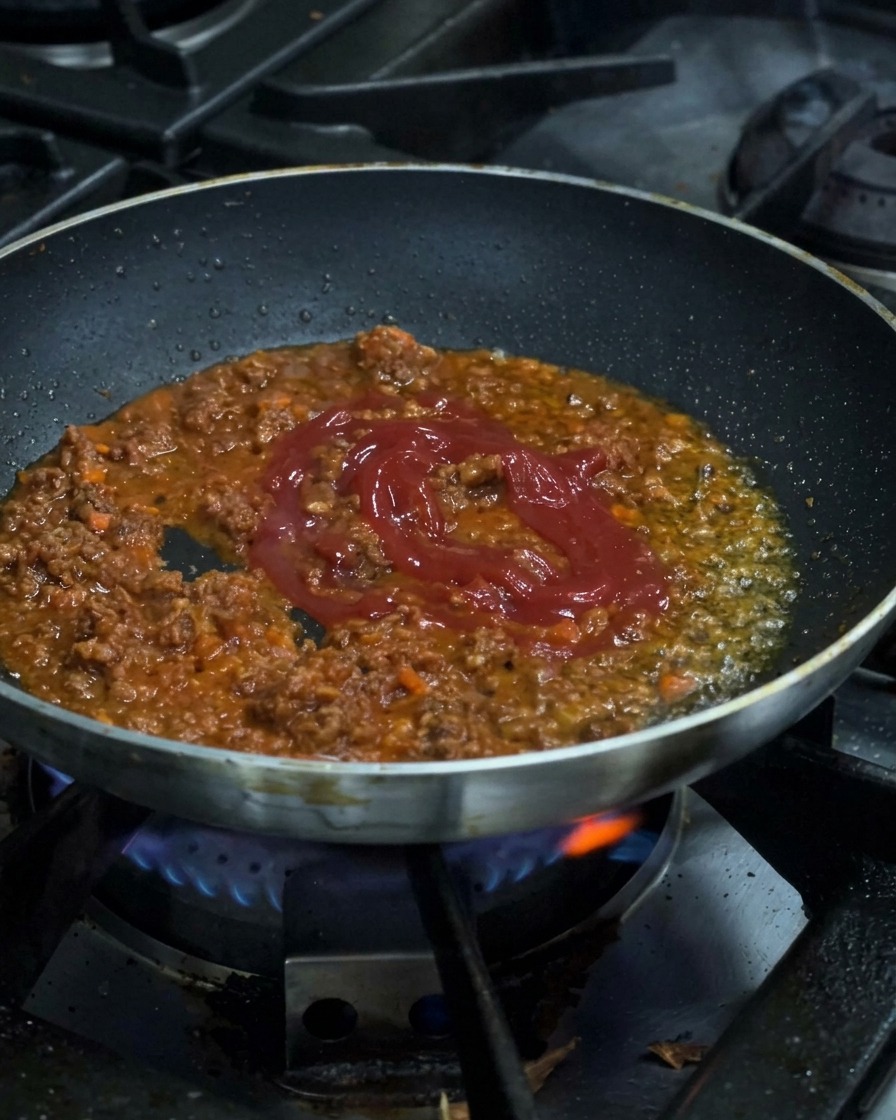 Salsa di pomodoro rossa versata in una padella con un sugo di carne macinata che sobbolle su una fiamma blu.