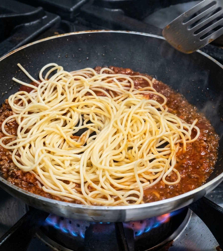 Spaghetti cotti adagiati sopra un sugo di carne rosso e ribollente in unampia padella.