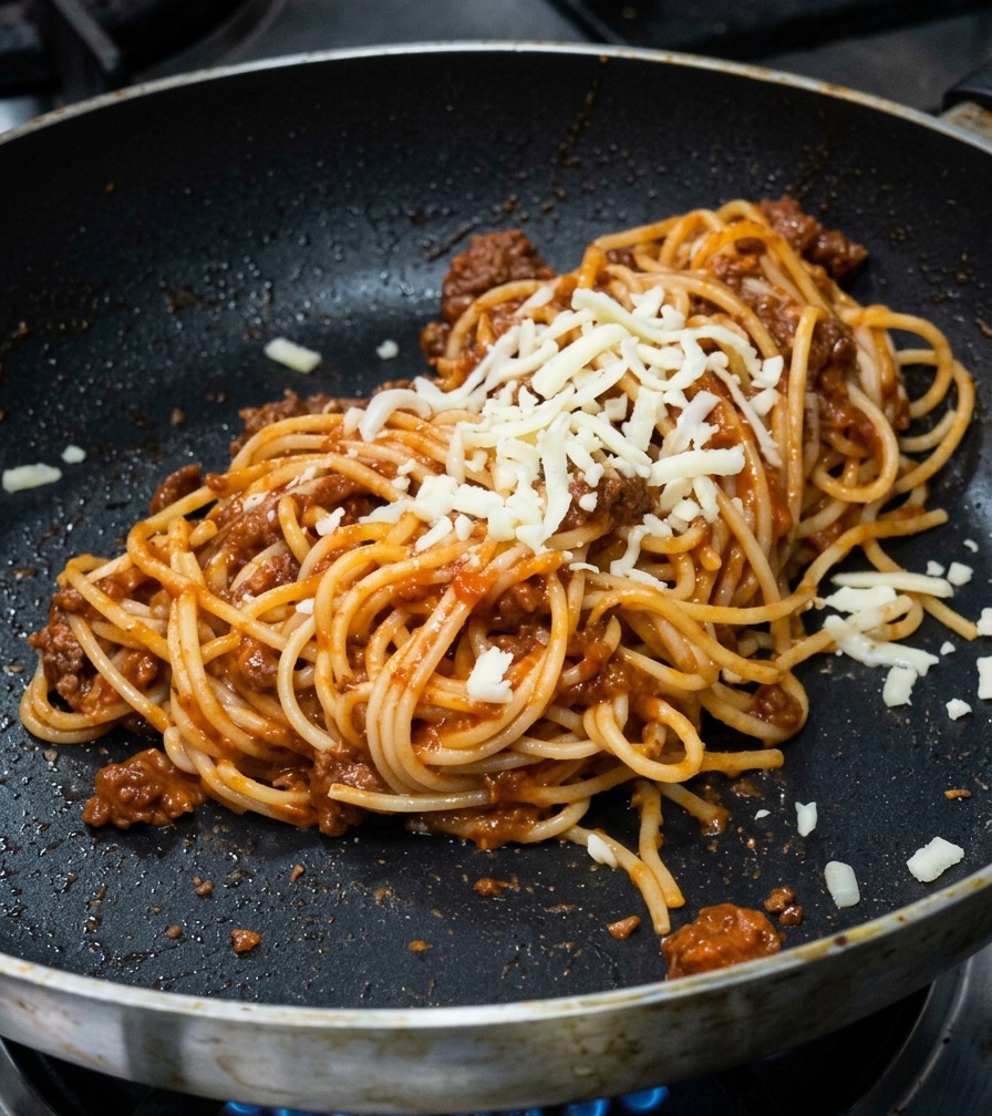 Formaggio a pasta filante grattugiato spolverato sopra una montagna di spaghetti conditi con sugo rosso in padella.