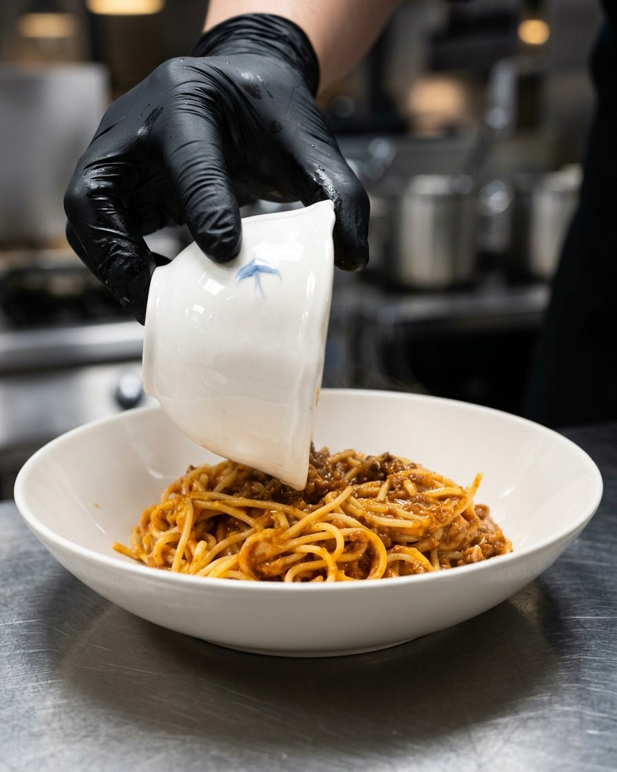 Una mano con un guanto nero versa un tuorlo duovo crudo da una ciotolina bianca su una porzione di spaghetti al ragù impiattati.