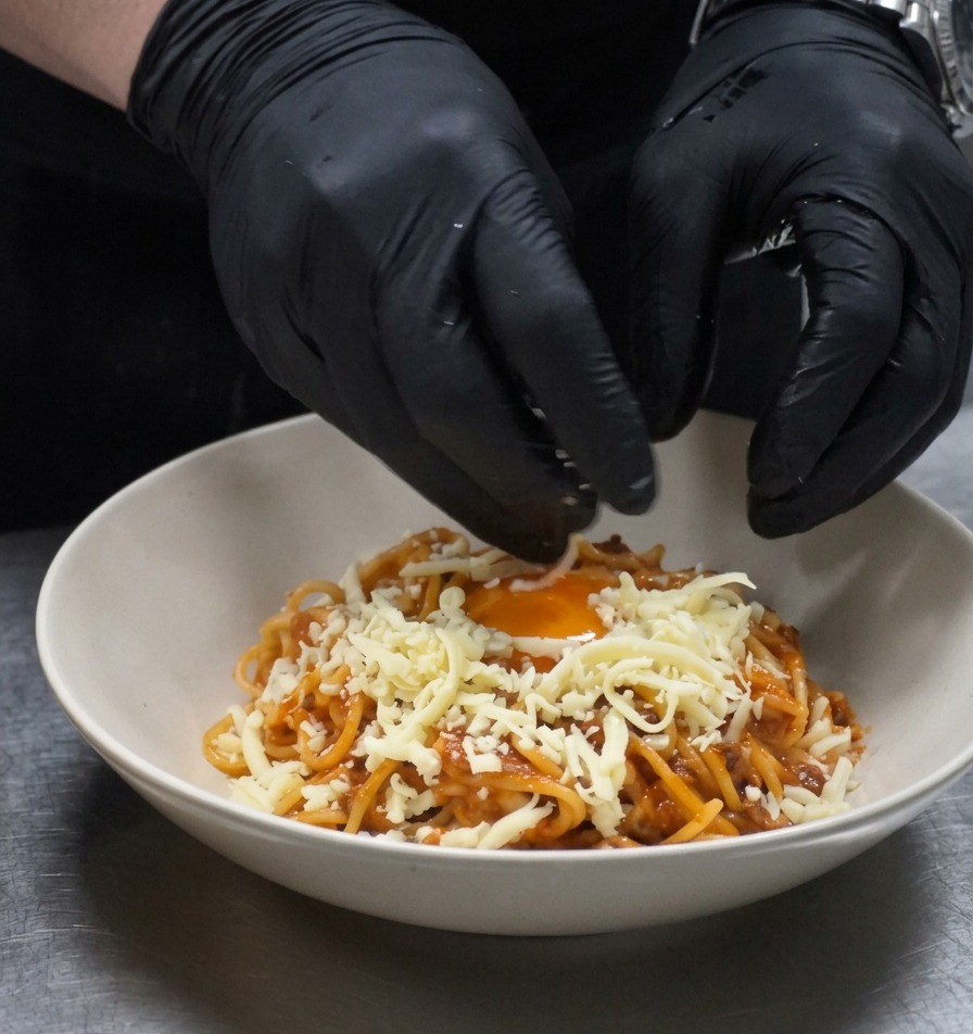 Mani protette da guanti spolverano formaggio bianco grattugiato sopra una ciotola di spaghetti con un tuorlo crudo al centro.