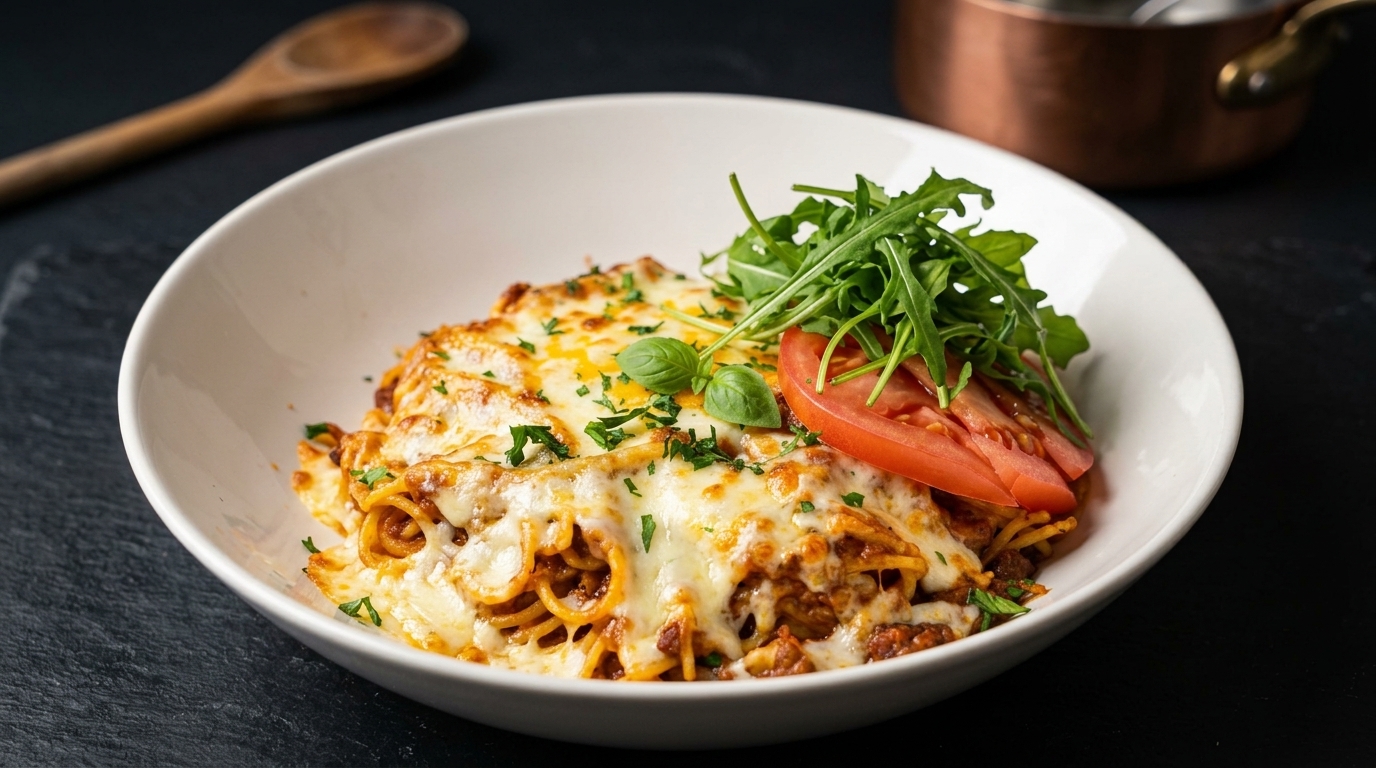 Spaghetti al Forno alla Bolognese con Crosta di Formaggio e Tuorlo d'Uovo