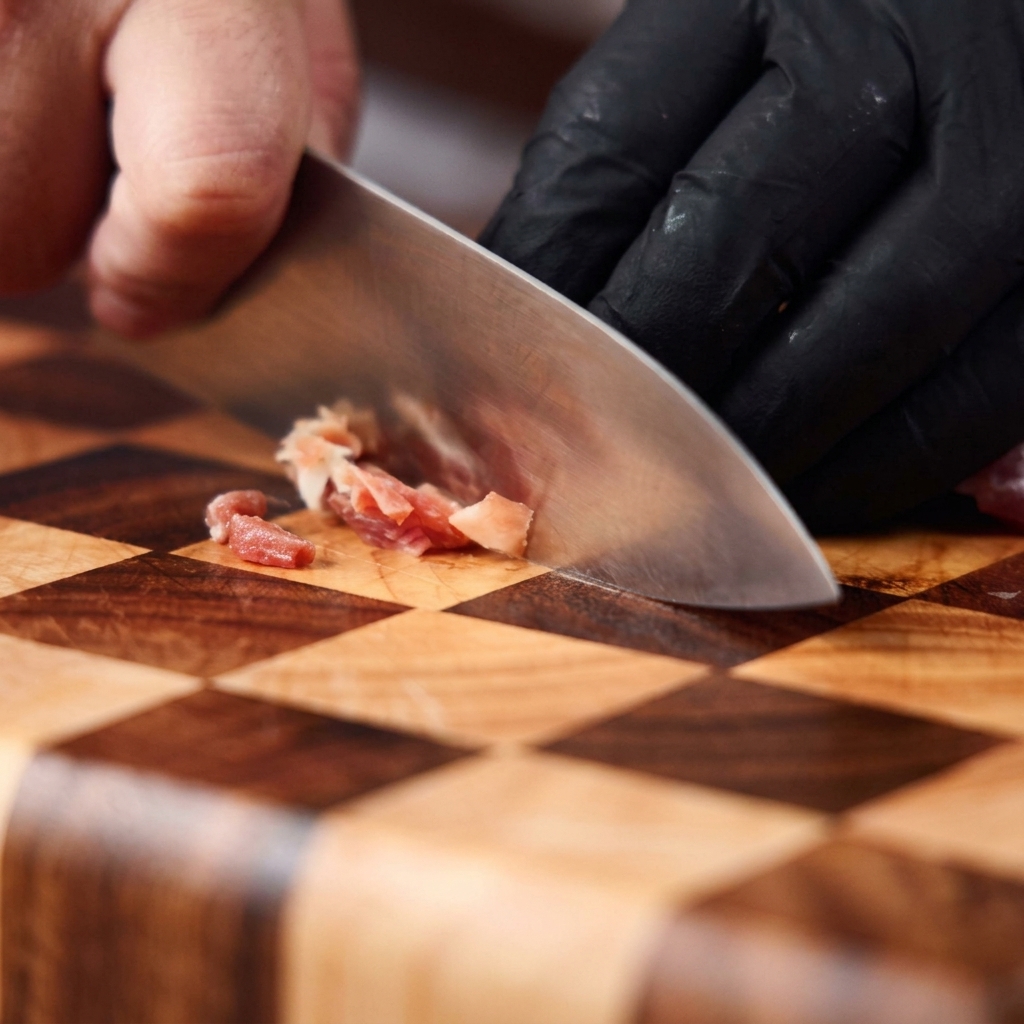 Uno chef taglia a cubetti della pancetta italiana con un coltello affilato su un tagliere di legno a grana fine.