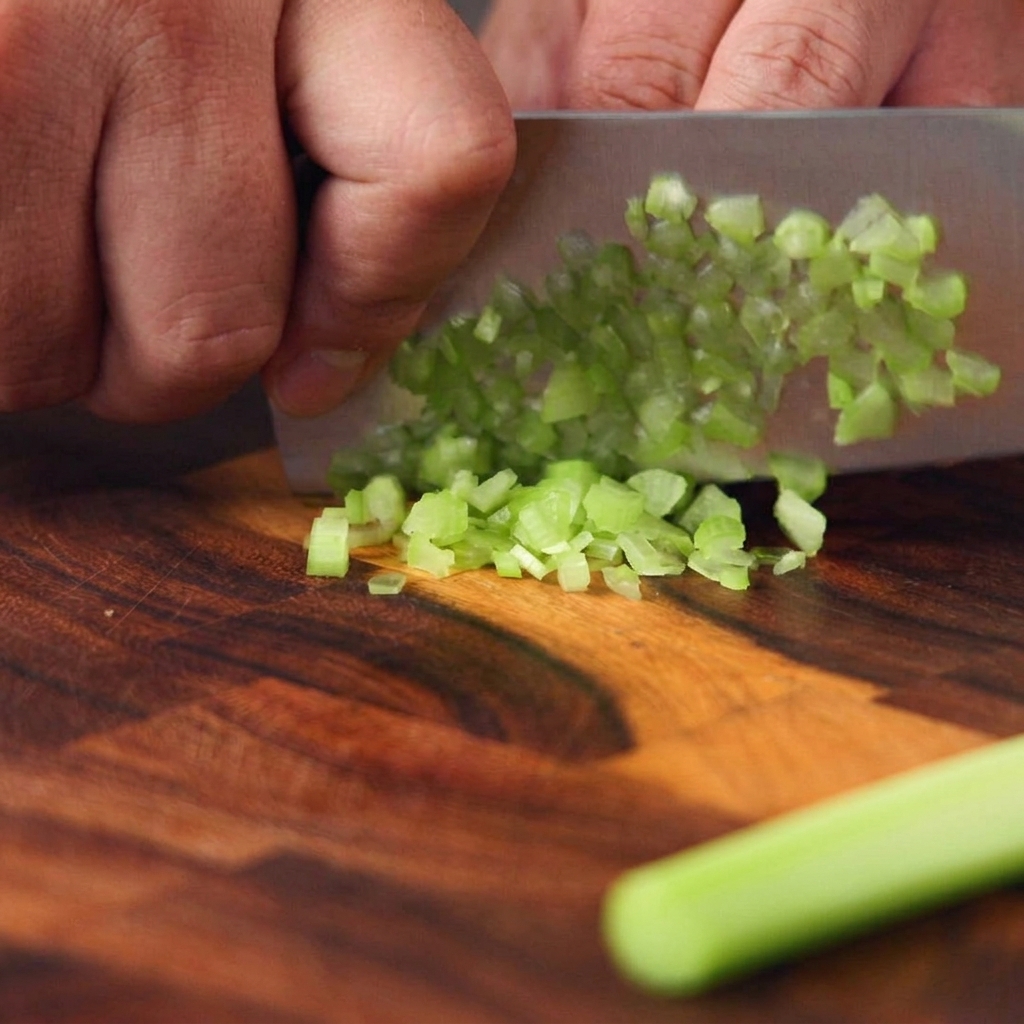 Mani che tagliano una costa di sedano verde a piccoli pezzetti su un tagliere usando un grande coltello da chef.