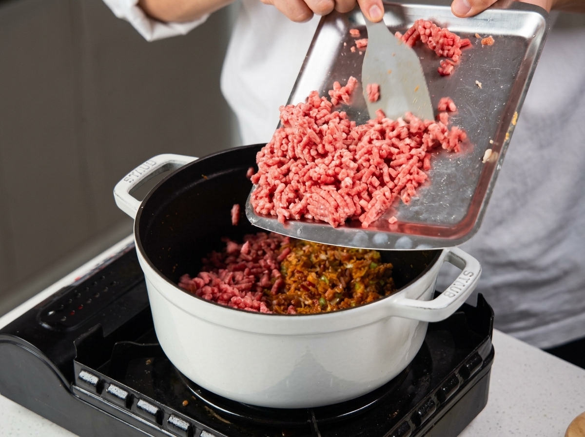 Carne macinata di manzo versata da un vassoio di metallo in una pentola con il trito di verdure cotte.