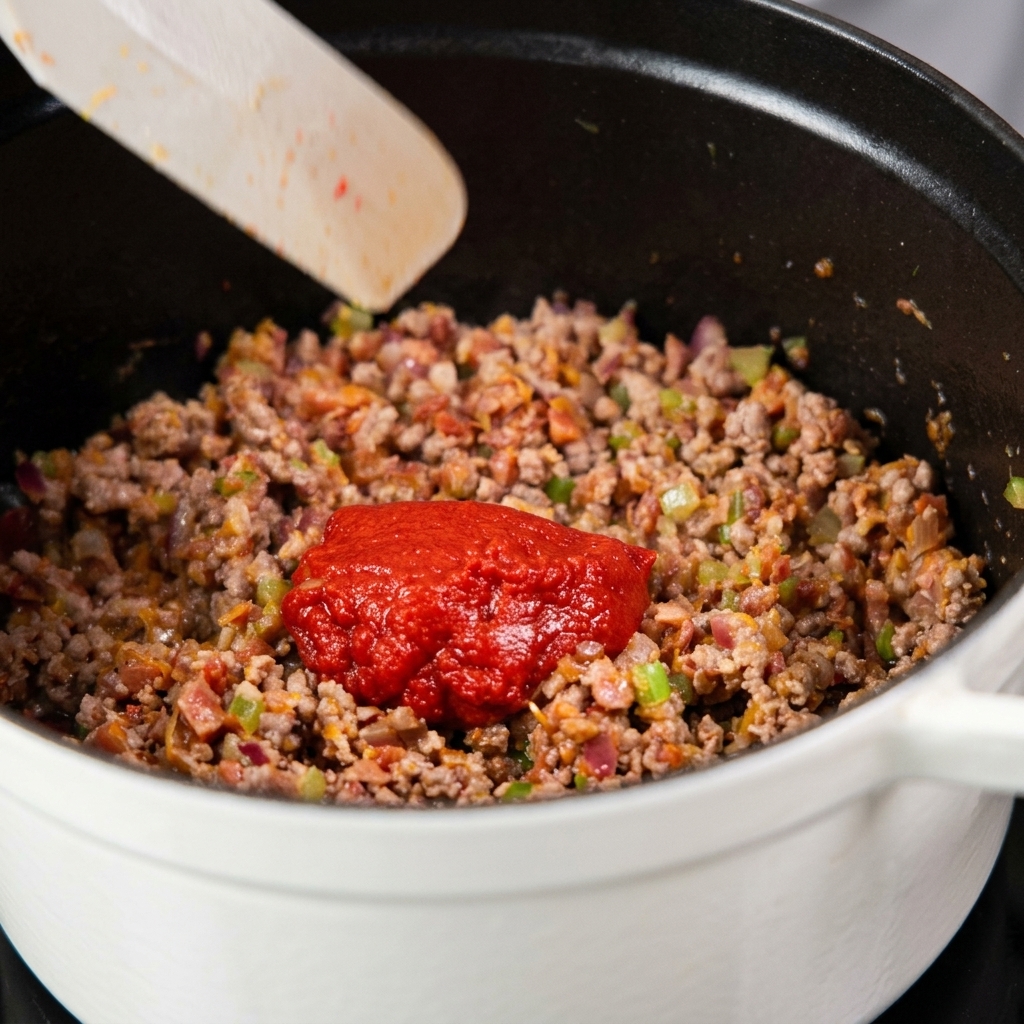 Un cucchiaio abbondante di concentrato di pomodoro rosso vivo sopra la carne macinata rosolata e le verdure in pentola.