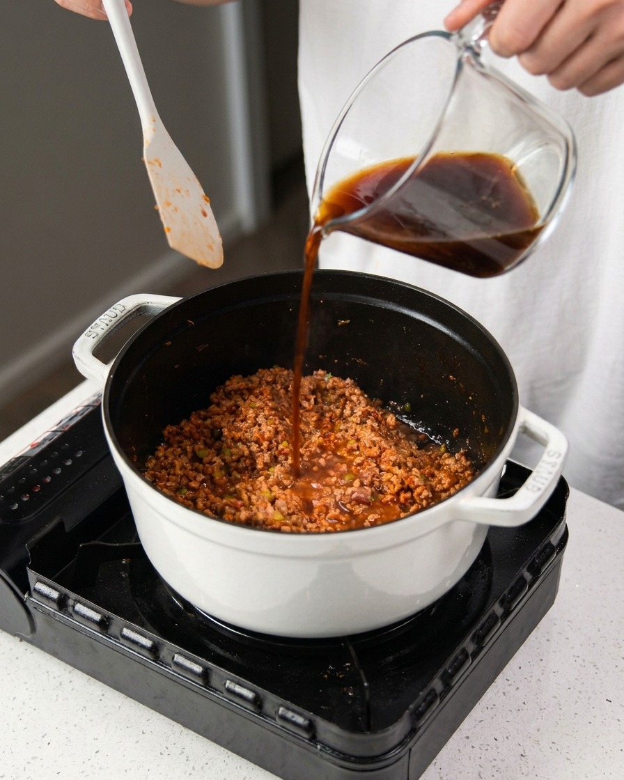 Vino rosso versato da un bicchiere in una pentola con carne e verdure in cottura.