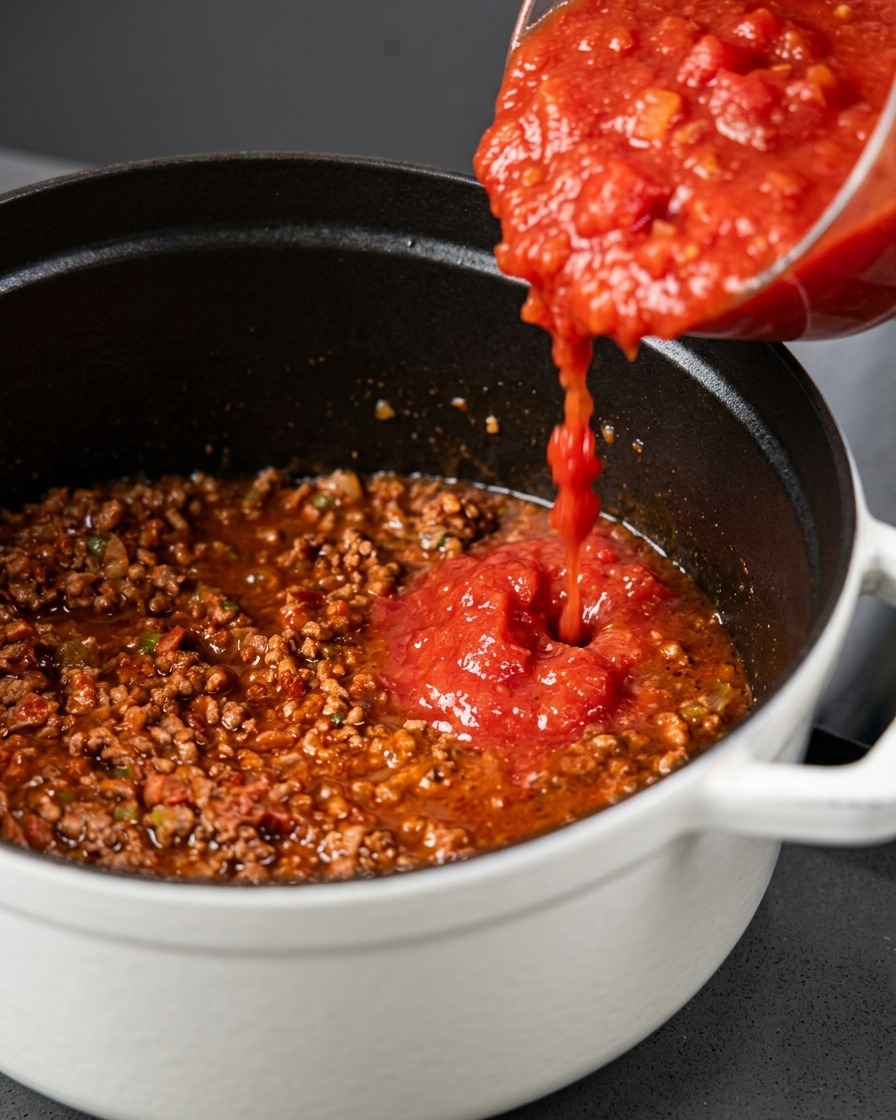 Polpa di pomodoro densa versata da una ciotola di vetro nel mix di carne e verdure.