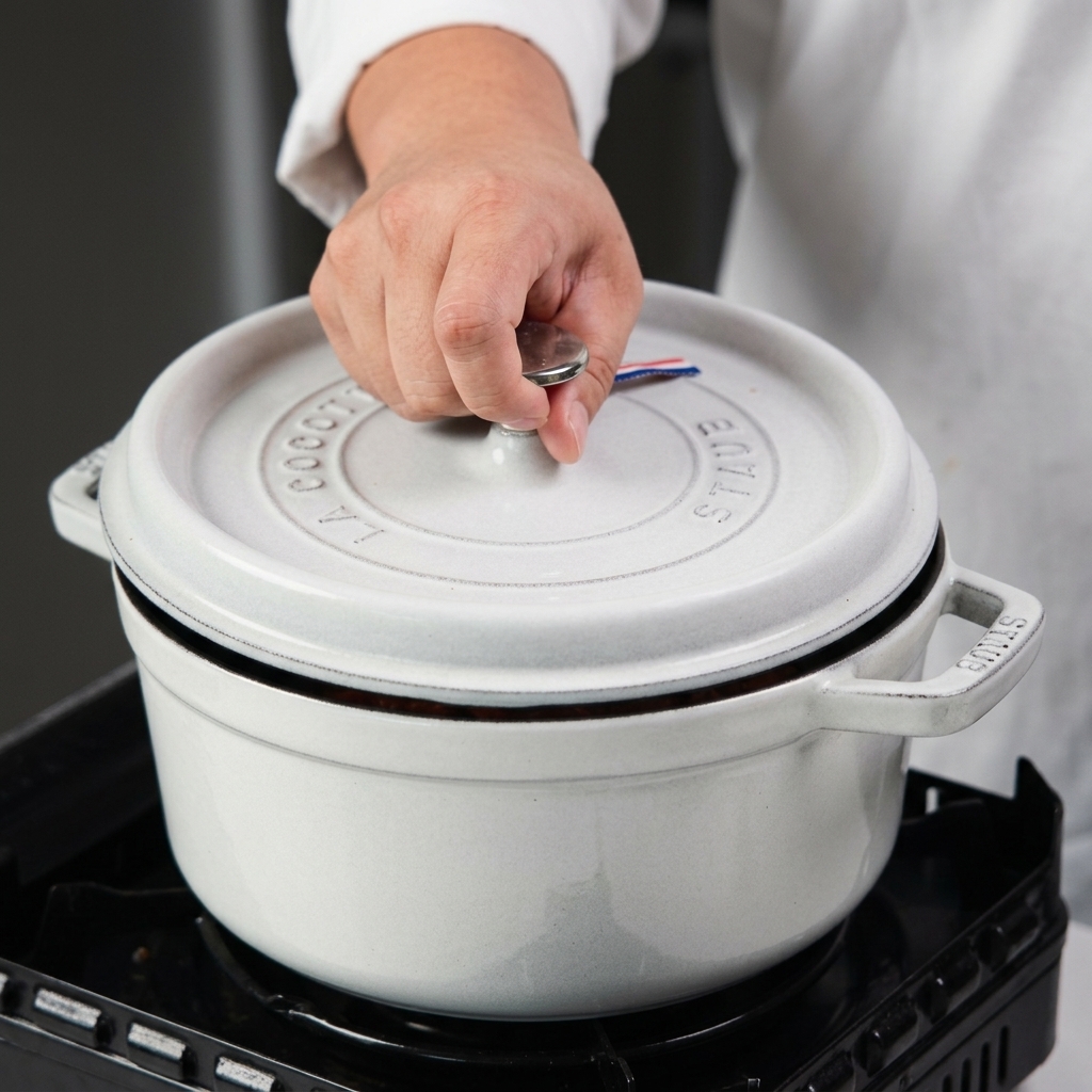 Una mano posiziona un pesante coperchio in ceramica bianca su una casseruola abbinata per iniziare la cottura lenta.