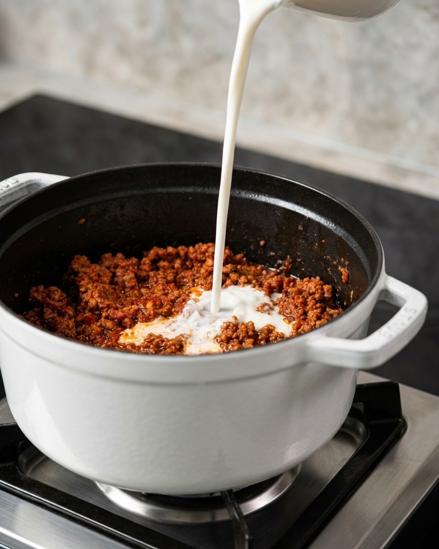 Un filo di latte bianco versato in un ricco sugo di carne rosso scuro allinterno di una pentola bianca.