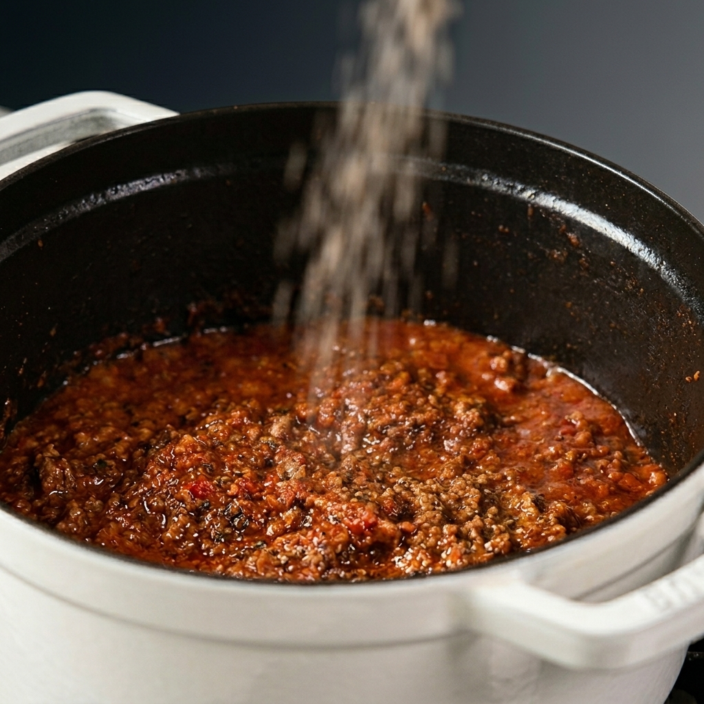 Sale marino e pepe nero macinato spolverati sopra un denso ragù alla bolognese che ribolle in pentola.