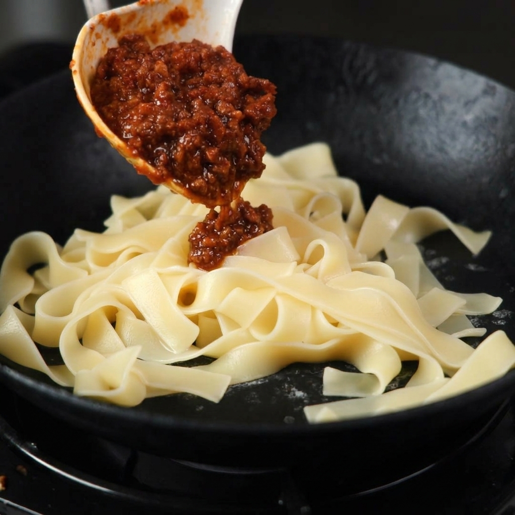 Un grande mestolo versa un denso ragù di carne sopra una montagna di tagliatelle cotte in una padella nera.
