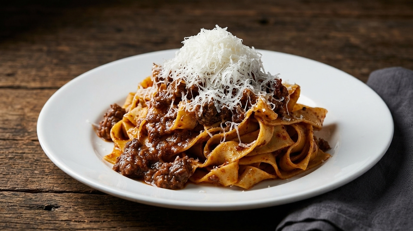 Nastri di tagliatelle dorate conditi con un ricco ragù alla bolognese color mogano, completati da una spolverata di Parmigiano.