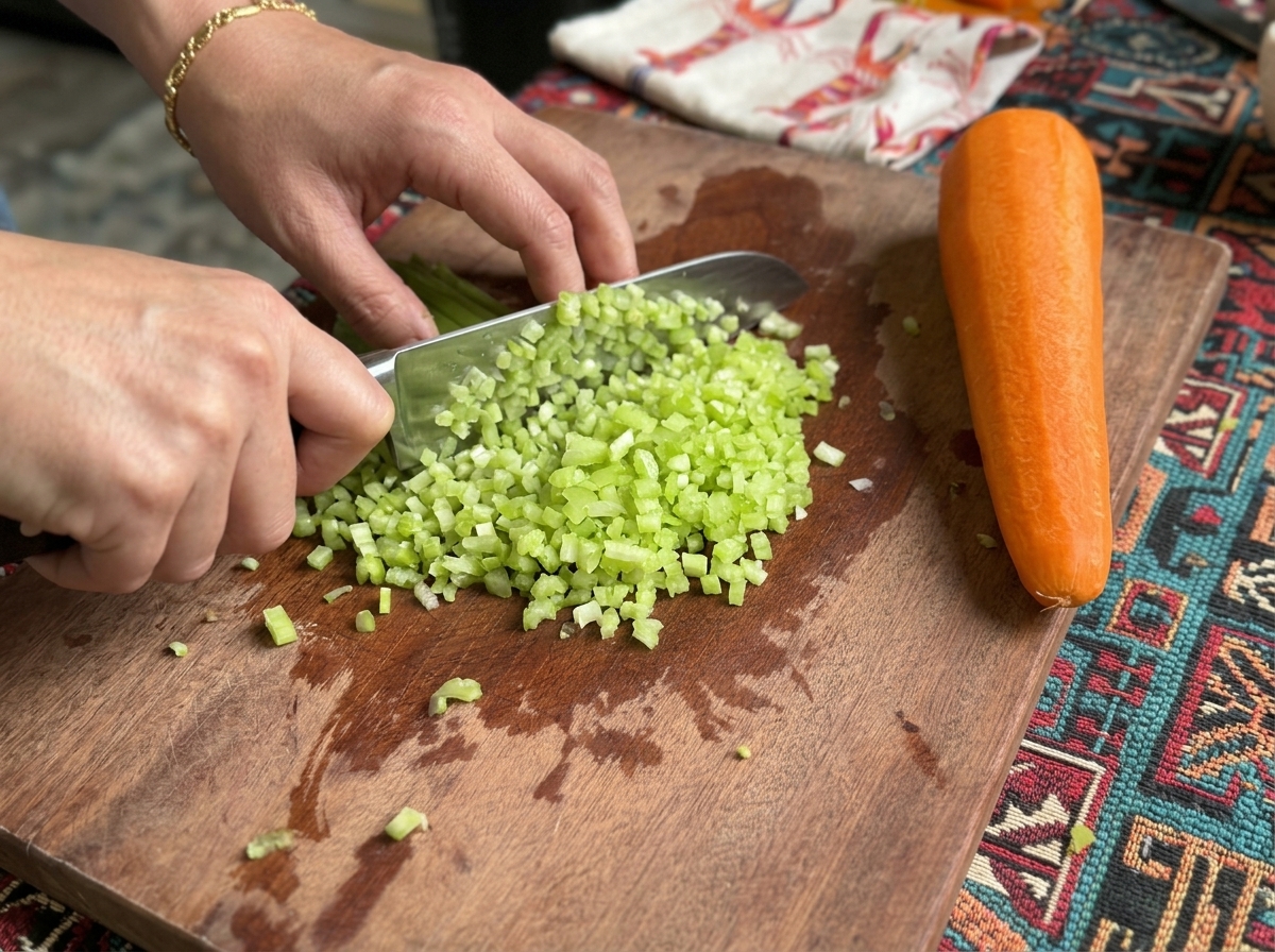 Primo piano di mani che usano un coltello per tritare finemente il sedano su un tagliere di legno accanto a una carota intera.