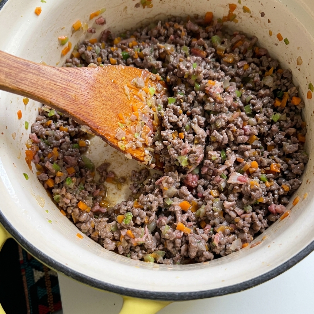 Carne macinata cotta e verdure tritate vengono mescolate in pentola, mostrando una consistenza ben rosolata e priva di liquidi in eccesso.