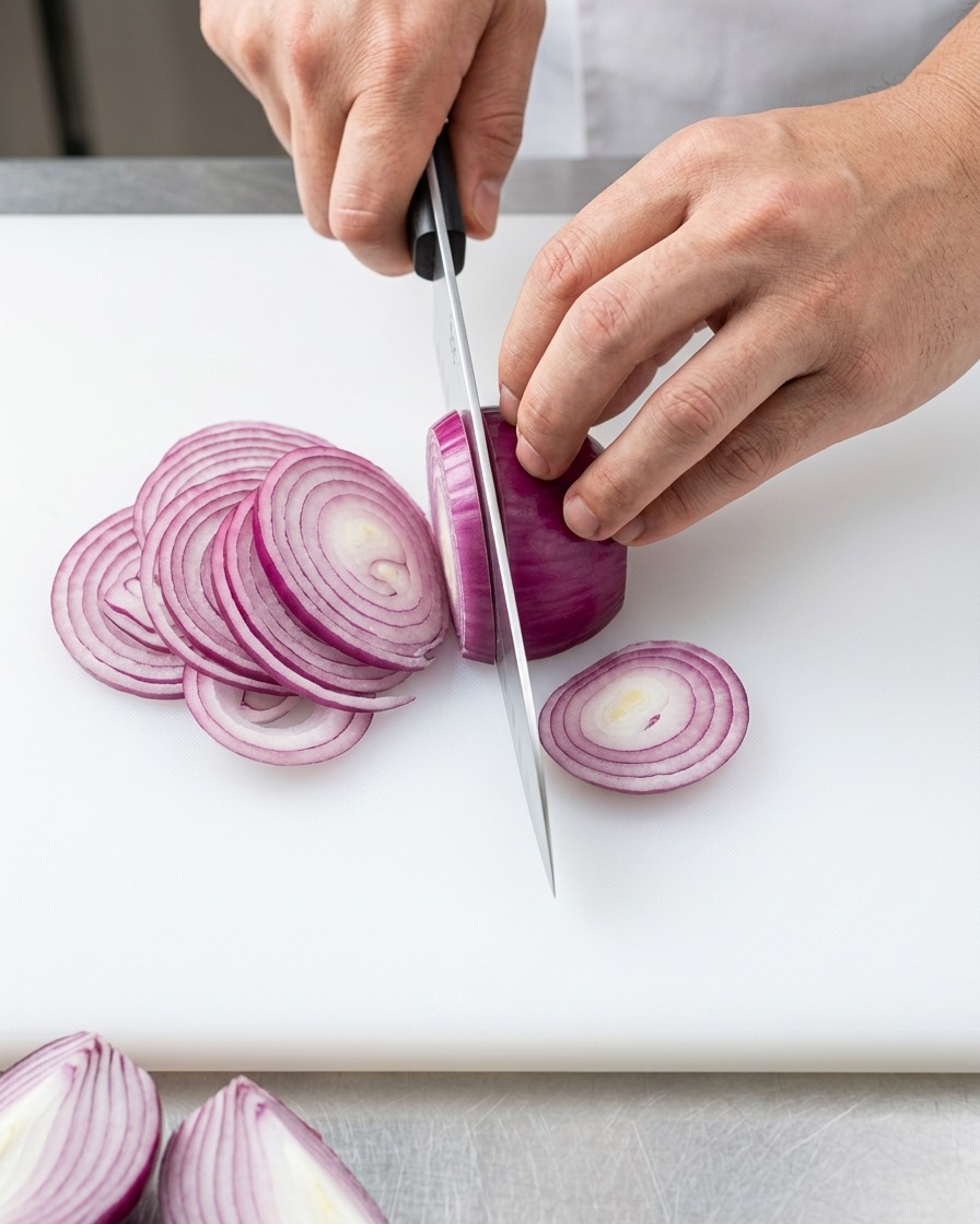 Vista dallalto di una cipolla rossa tagliata a strisce sottili e uniformi su un tagliere bianco con un coltello da chef professionale.