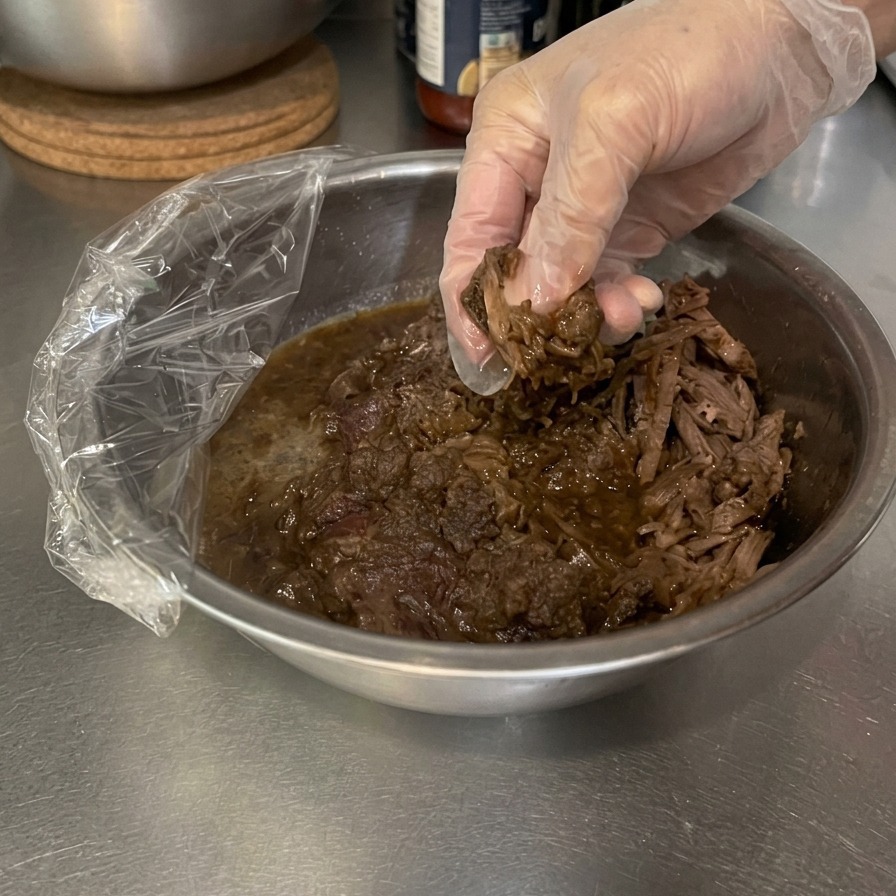 Una mano con un guanto che sfilaccia teneri pezzi di carne stracotta in una ciotola di acciaio inossidabile piena di sugo scuro.