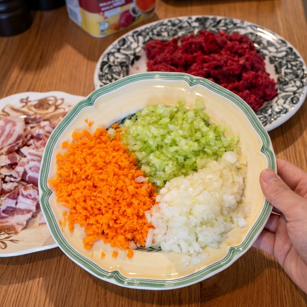 Un piatto con tre mucchietti distinti di carote, sedano e cipolle finemente tritati.