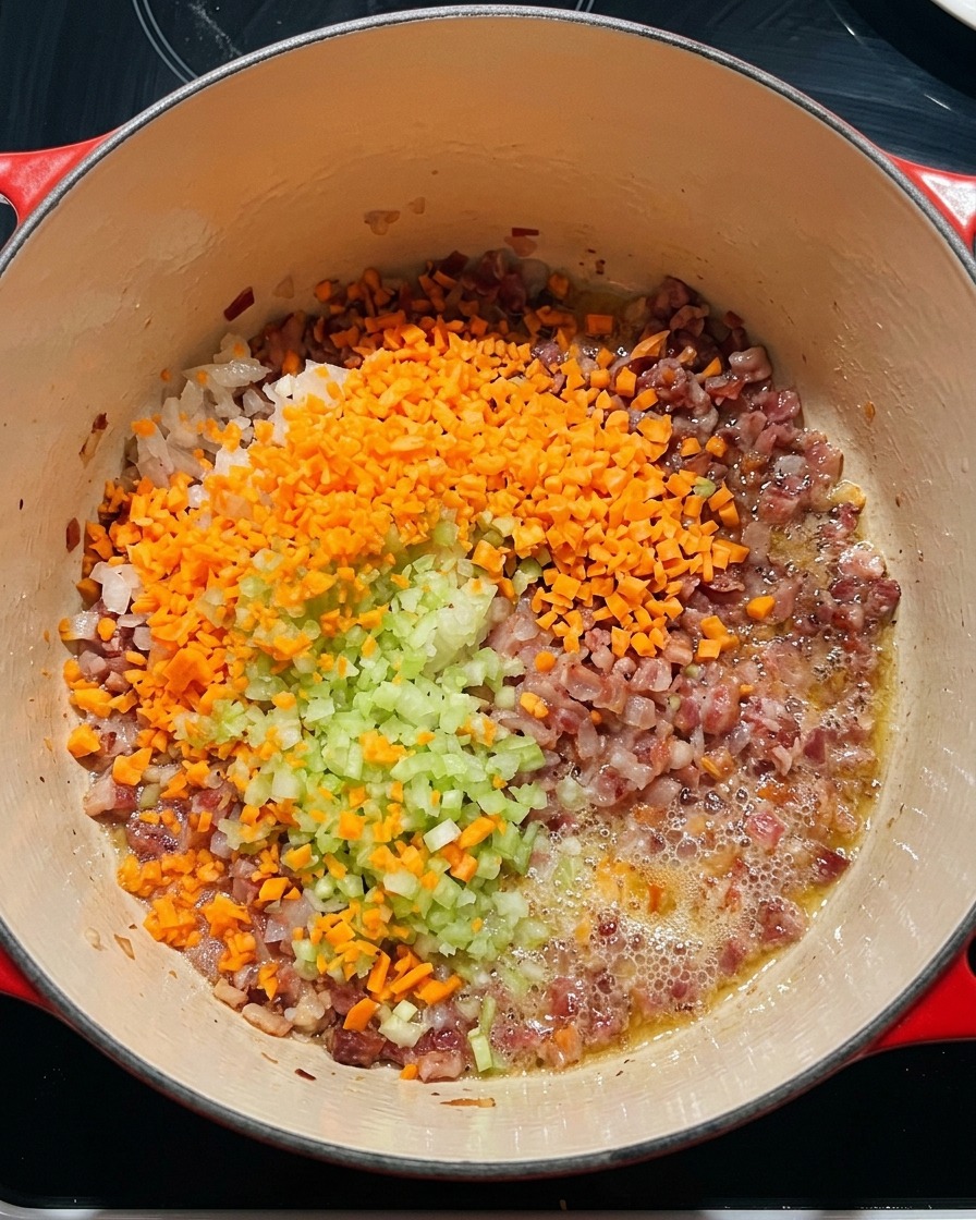 Verdure tritate aggiunte sopra la pancetta sfrigolante allinterno di una grande pentola rossa.